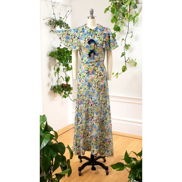 Vintage 1930s Tea Dress 30s Floral Cotton Voile Maxi Art Deco Summer Lawn Dress - Picture 2 of 12